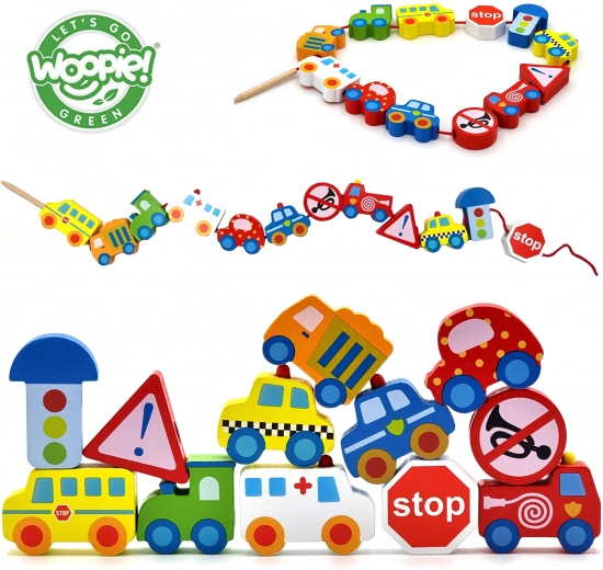 Woopie Green perline in legno da infilare veicoli 13 pz