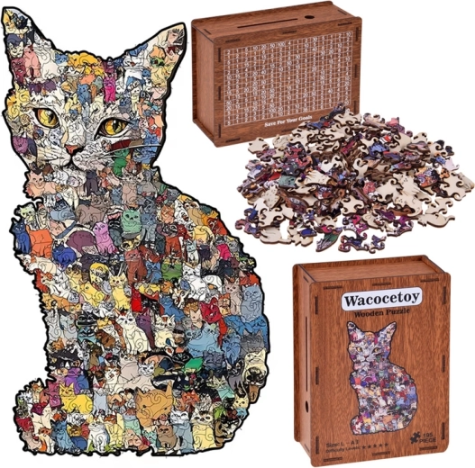 Puzzle in legno a forma di gatto 2 in 1 con scatola–salvadanaio (vintage), A3, 195 pezzi