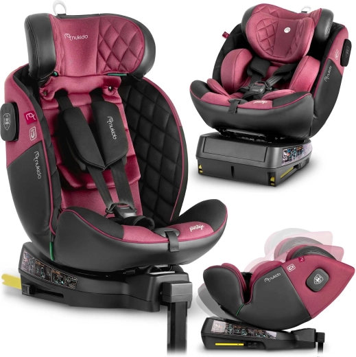 Seggiolino auto per bambini Nukido Prestige Line rosa‑nero i‑Size 40–150 cm con ISOFIX e base girevole