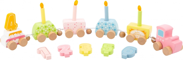Trenino di compleanno in legno con numeri e candeline