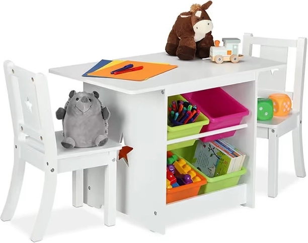 Tavolo per bambini con 2 sedie e box contenitori