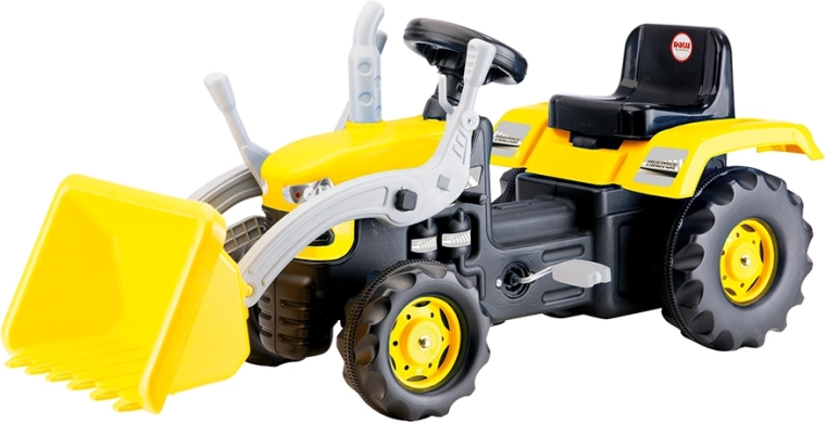 Grande trattore a pedali con escavatore giallo