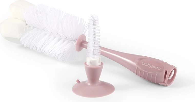 Spazzola Babyono per biberon e tettarelle con ventosa rosa