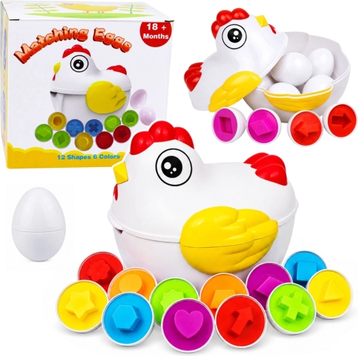 Gallinella educativa con 12 ovetti apribili – sorter di forme e colori