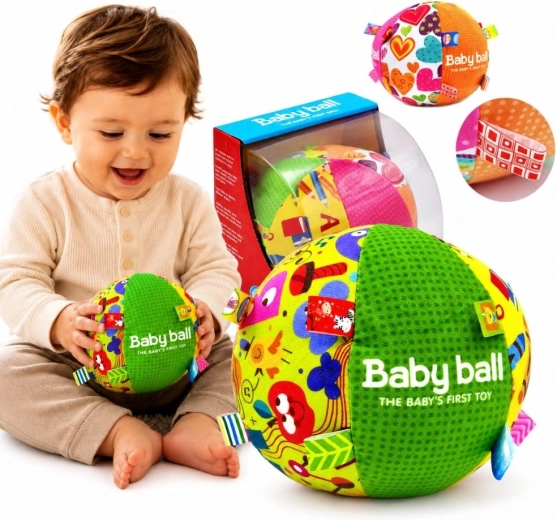 Pallina sensoriale morbida Woopie Baby con etichette e suono