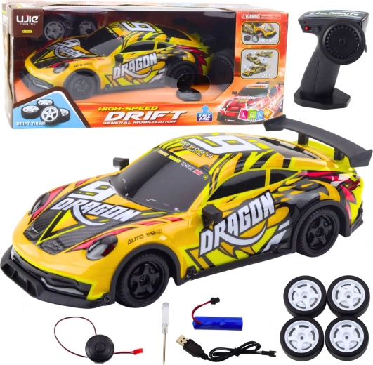 Auto sportivo RC con carrozzeria illuminata e ruote da drift – giallo