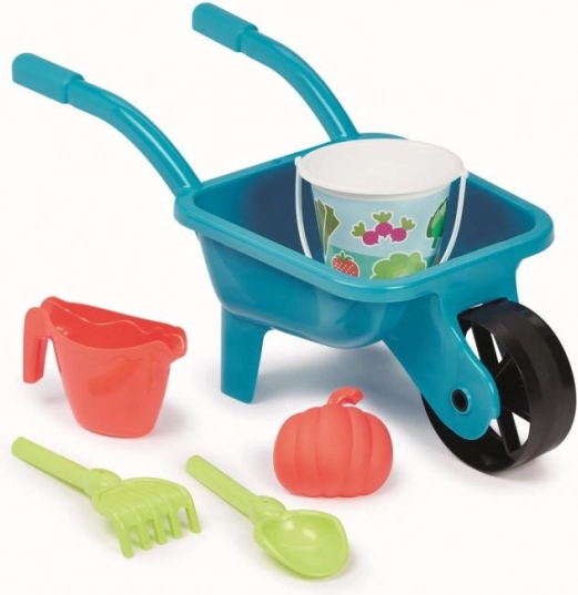 Carriola da giardino con annaffiatoio e secchiello