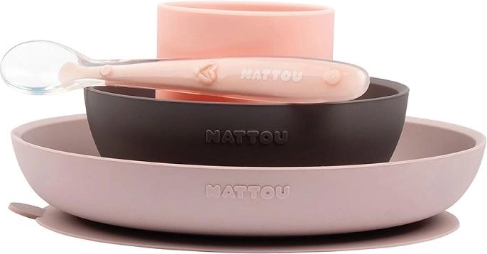 Nattou set pappa in silicone 4 pezzi, rosa‑viola, senza BPA