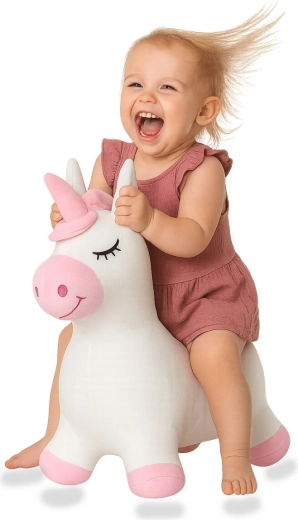 Unicorno saltellante HoppyDoo con rivestimento in peluche e pompetta