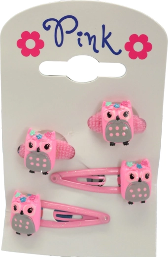 Grande set di mollette e elastici per capelli con gufo – rosa
