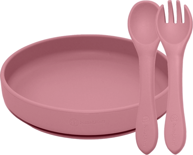 Set pappa in silicone Petite&Mars Take&Match – piatto con ventosa e posate dusty rose (6m+)