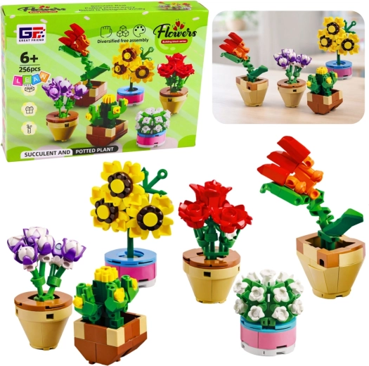 Set di costruzioni fiori in vasi 256 pezzi, 6 modelli