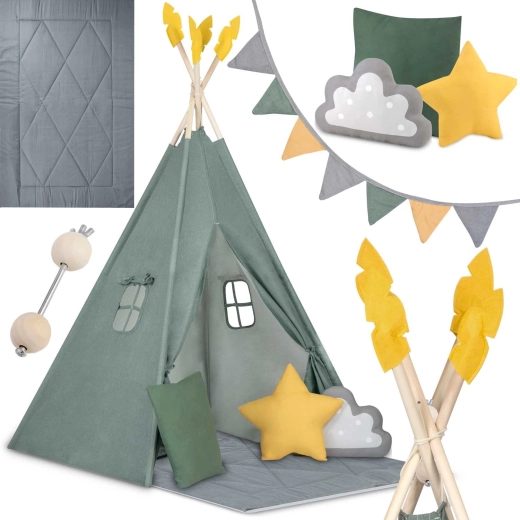 Tenda teepee per bambini Nukido verde con tappetino e cuscini