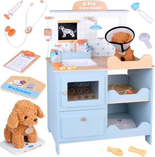 Clinica veterinaria in legno per bambini con cagnolino di peluche