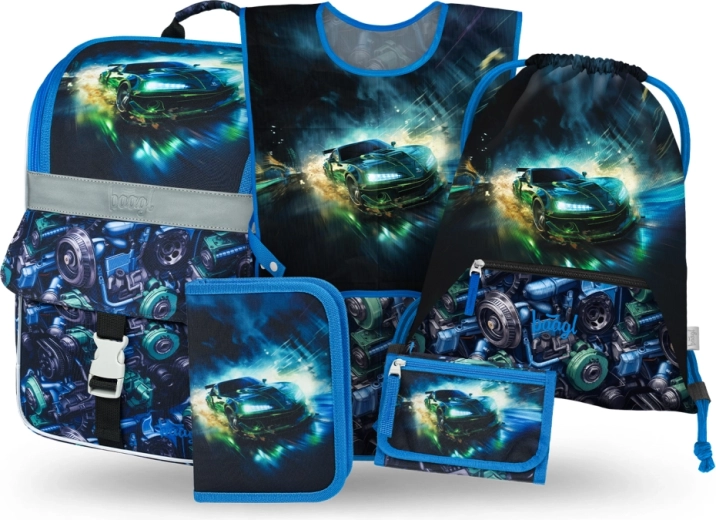Baagl set scolastico 5 pz Zippy auto da corsa – cartella, astuccio, sacca, grembiule e portafoglio