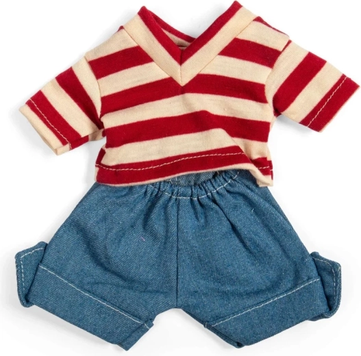 Bigjigs Toys shorts in denim e maglietta a righe rosso-bianche per bambola 28 cm