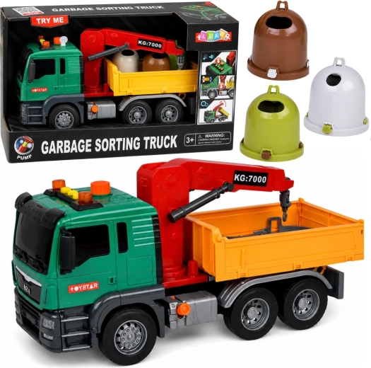 Camion della spazzatura per bambini con gru, luci e suoni + contenitori per la raccolta differenziata - 1 pezzo