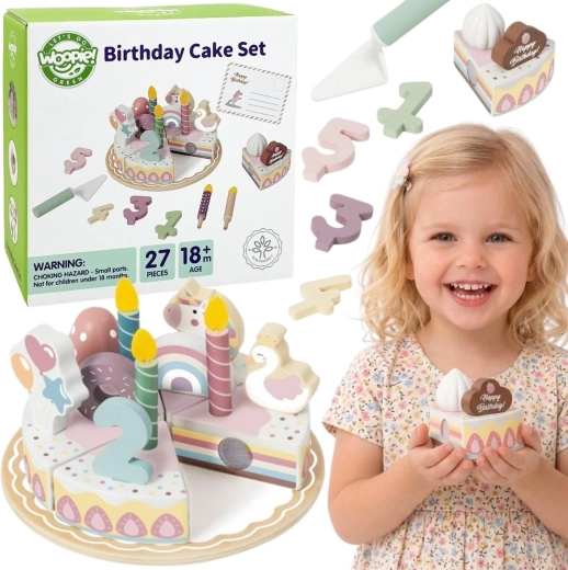 Woopie Green torta di compleanno in legno da tagliare con velcro, 27 pezzi