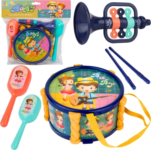 Set musicale per bambini – tamburo, trombetta e sonagli