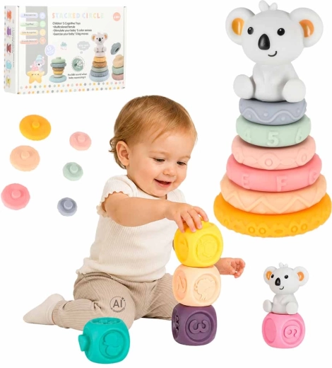 Morbidi cubi sensoriali e piramide con koala – gioco educativo a incastro da 13 pezzi