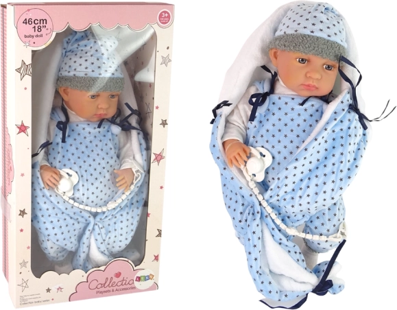 Bambola neonato realistica 46 cm con coperta blu e ciuccio