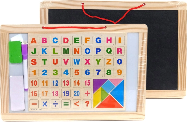 Lavagna magnetica bifacciale per gessetti e pennarelli con lettere, numeri e puzzle