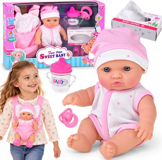 Bambola bebè 20 cm nel marsupio con ciuccio, biberon e accessori