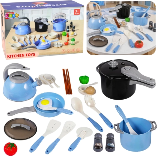 Set da cucina per bambini con stoviglie, 32 pezzi, blu
