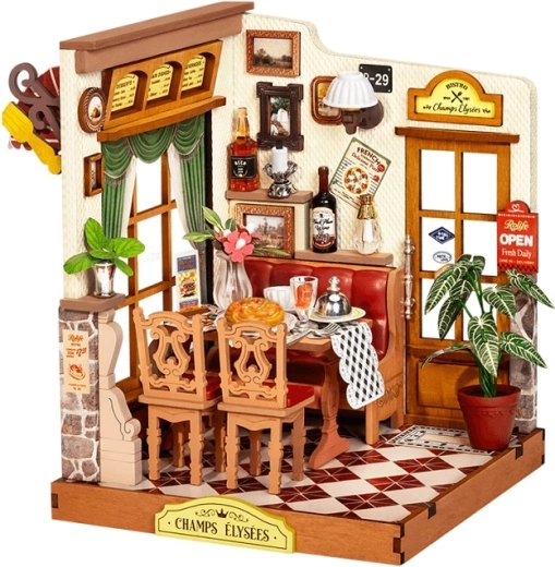 RoboTime miniatura 3D in legno del bistrò sugli Champs-Élysées