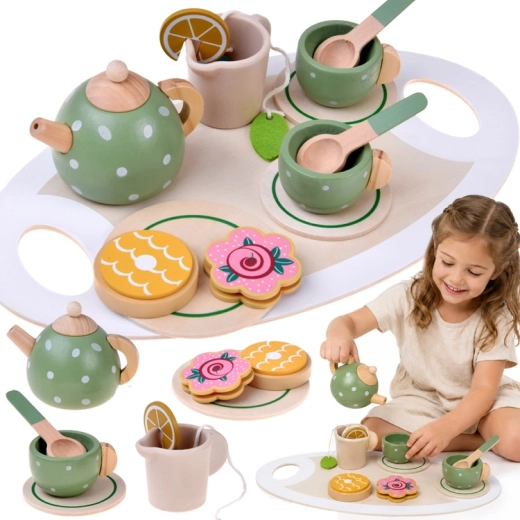 Set da tè in legno per bambini color pistacchio – 15 pezzi