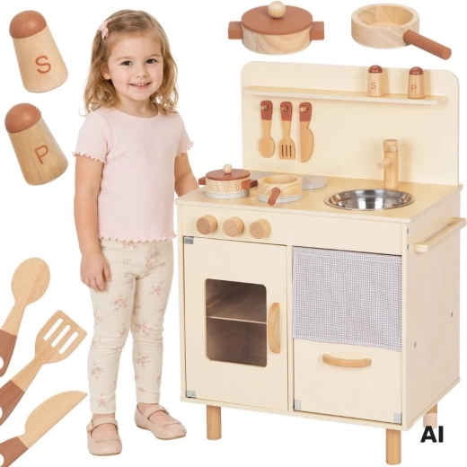 Cucina in legno per bambini beige con accessori Tooky Toy