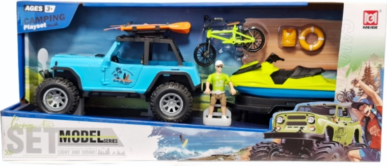 Set da campeggio con fuoristrada, rimorchio e moto d’acqua