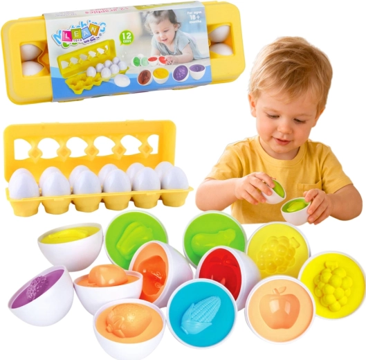 Sorter educativo a uova – classificazione di forme e colori, frutta e verdura, 12 pz