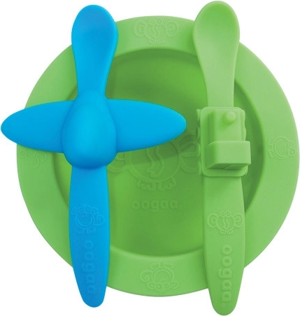 Set di stoviglie in silicone per bambini Oogaa verde-blu