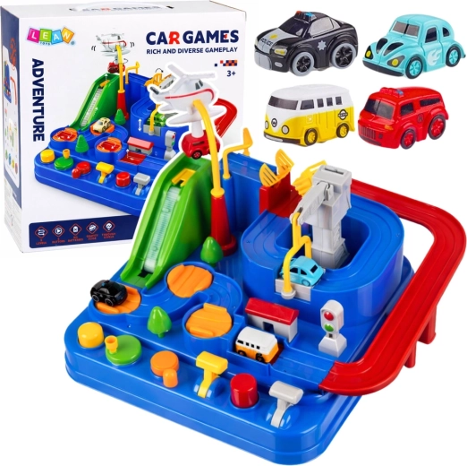 Pista automobilistica interattiva con ostacoli e parcheggio, 4 auto e elicottero – blu