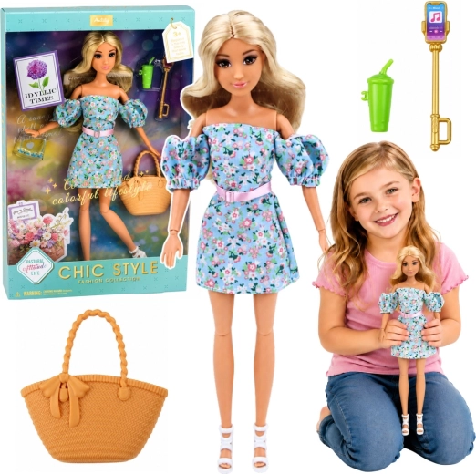 Bambola Anlily Fashion in abito blu a fiori con borsetta e accessori
