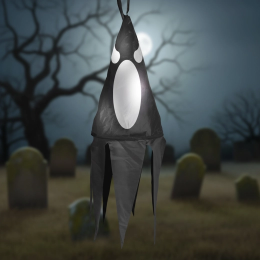 Decorazione luminosa sospesa di Halloween a forma di fantasma nero con 10 LED colorati
