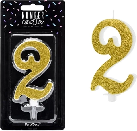 Candela di compleanno numero 2 dorata 10 cm - 1 pezzo