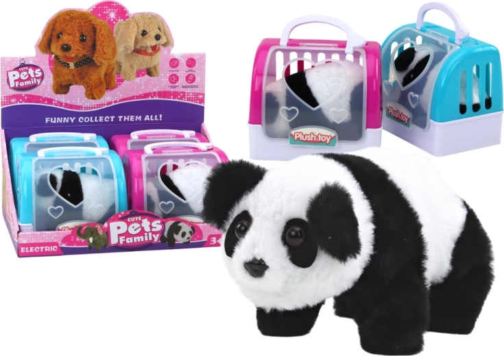 Panda di peluche interattiva nel trasportino rosa-blu
