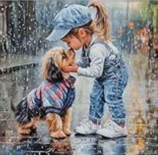 Pittura con diamanti – ragazza con cane sotto la pioggia 30 × 40 cm