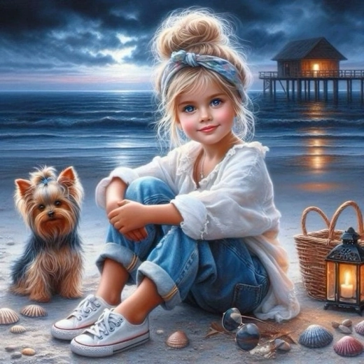 Mosaico diamantato Ragazza seduta con un cane sulla spiaggia 30 × 40 cm