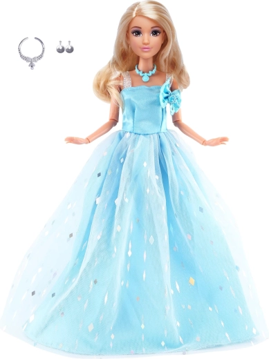 Bambola alla moda con lungo abito da sera azzurro chiaro