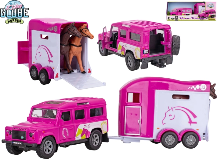 Kids Globe Land Rover con rimorchio per cavalli – modello in metallo rosa con retrocarica