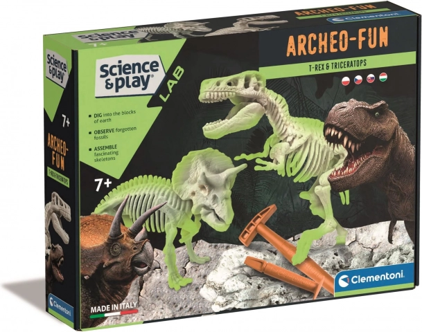 Clementoni Science & Play ArcheoFun: T‑Rex e Triceratops – set di scavo con scheletri luminosi