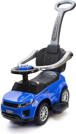 Cavalcabile e macchinina a spinta per bambini 2 in 1 con maniglione di guida e clacson, blu