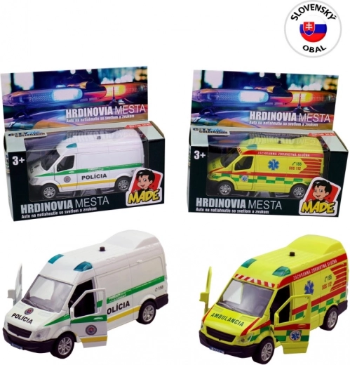 Auto di soccorso in metallo con luce e suono, pull-back 12 cm