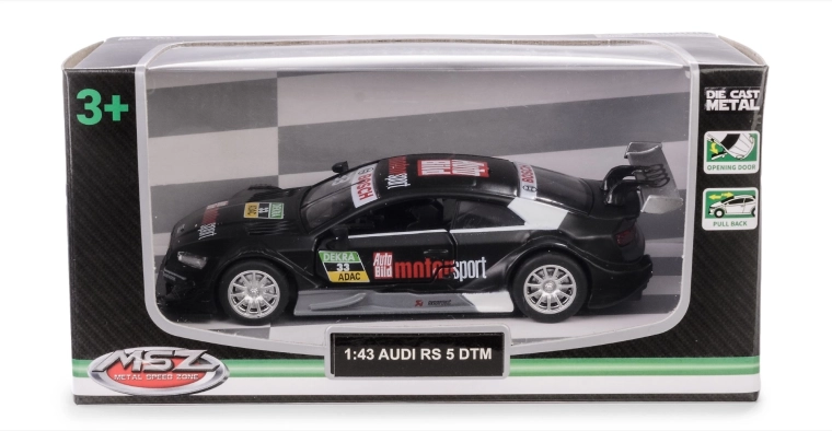 Modello di auto AUDI RS 5 DTM 1:43 nero in metallo con porte apribili e pull-back