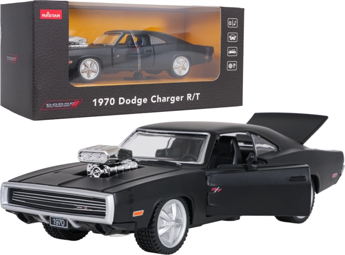 Modello metallico di auto 1970 Dodge Charger R/T nero in scala 1:36 RASTAR