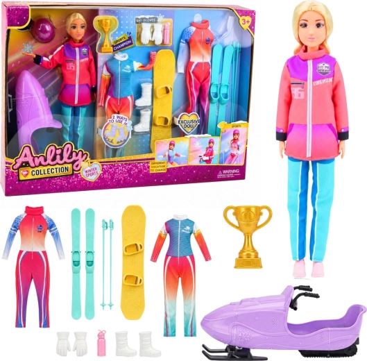Bambola sportiva Anlily Collection con attrezzatura invernale (sci, snowboard e motoslitta) 30 cm