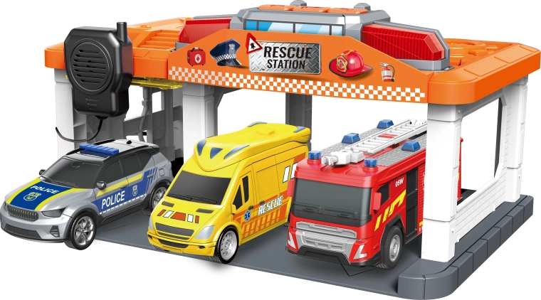 Stazione dei servizi di emergenza con vigili del fuoco, polizia e ambulanza con luci e suoni